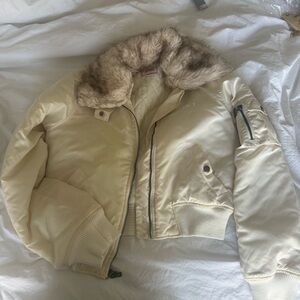Guess Cream Bomber Jacket with Faux Fur Collar